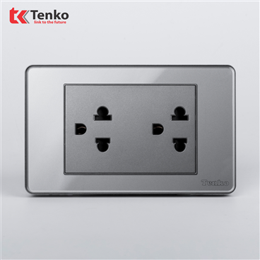 Ổ Cắm Đôi 3Chấu Mặt Nhựa Phủ Bóng Kính C9-044 Xám