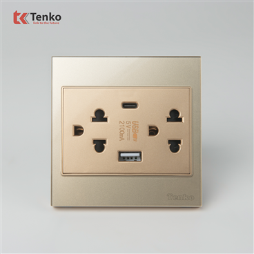 Ổ Cắm Kèm USB, Type C Mặt Kính TK-V18-045 Vàng