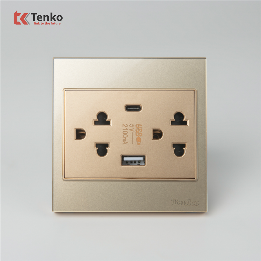 Ổ Cắm Kèm USB, Type C Mặt Kính TK-V18-045 Vàng