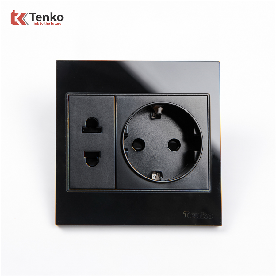 Ổ Cắm Schuko Chuẩn Đức Mặt Kính TK-V18-059 Đen
