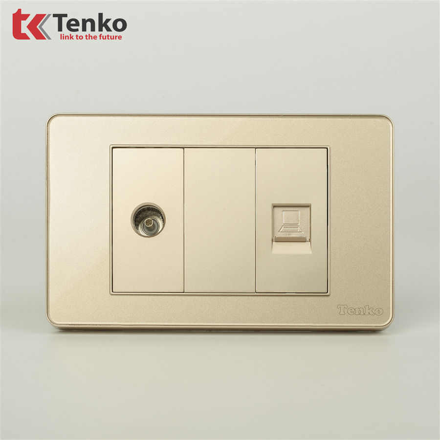 Ổ Cắm TV Và LAN Mặt Nhựa Phủ Bóng Kính C9-074 Vàng