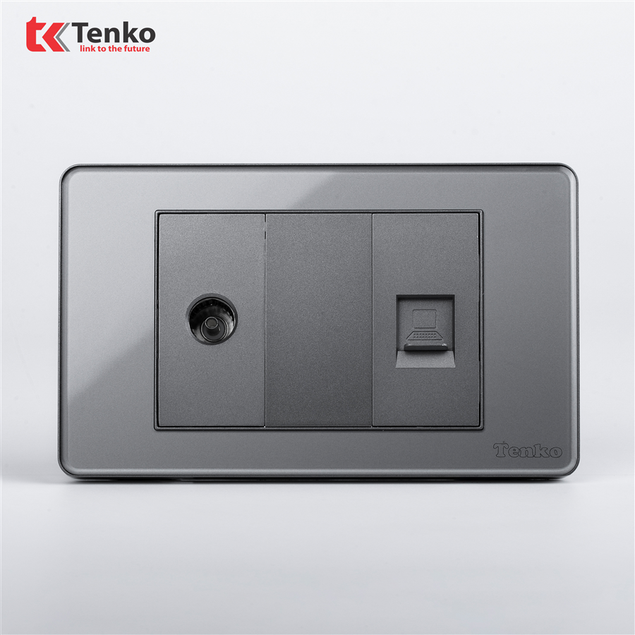 Ổ Cắm TV Và LAN Mặt Nhựa Phủ Bóng Kính C9-074 Xám