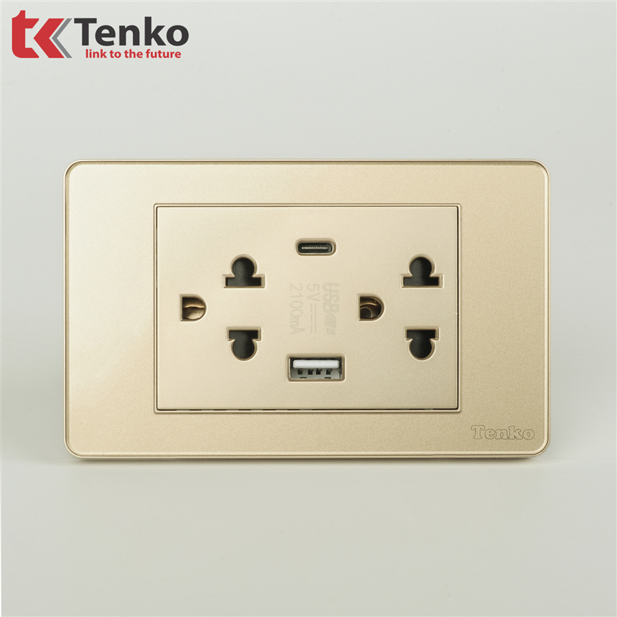 Ổ Cắm USB,TypeC Mặt Nhựa Phủ Bóng Kính C9-045 Vàng