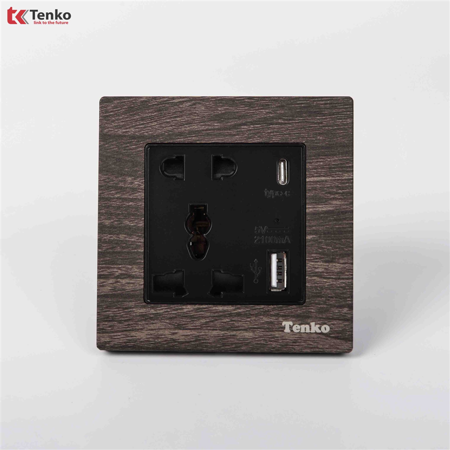 Ổ Cắm USB và Type C Mặt Vuông Vân Gỗ Tenko F71A-44