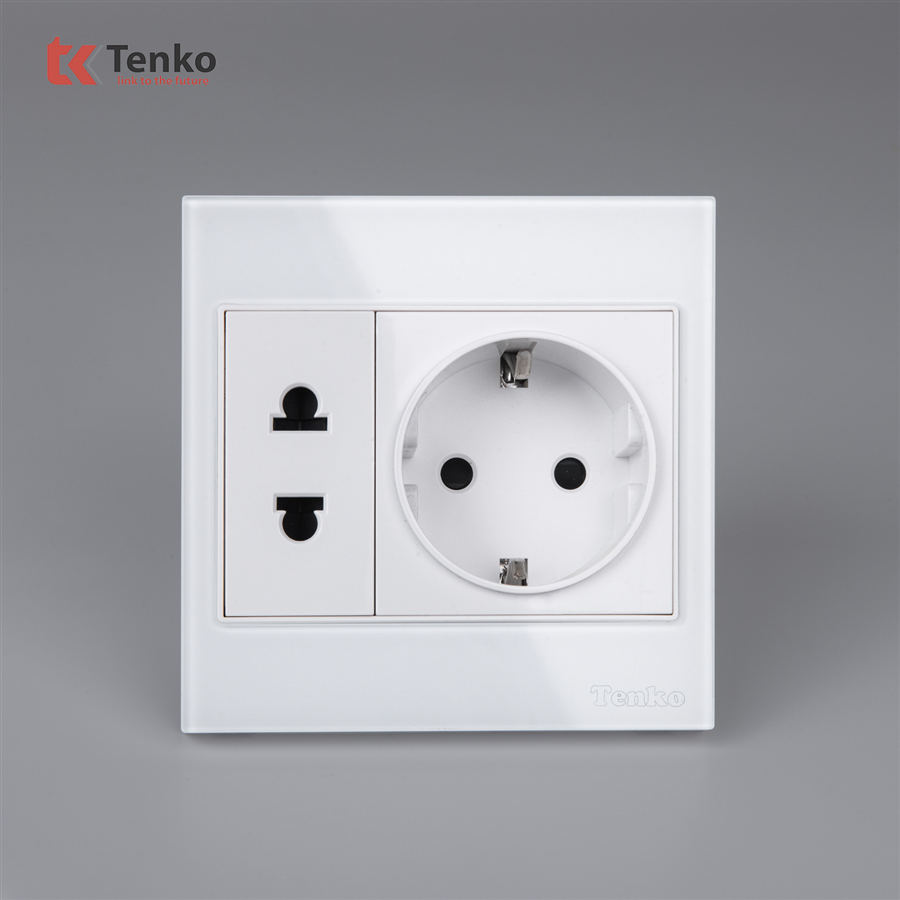 Ổ Cắm Schuko Chuẩn Đức Mặt Kính TK-V18-059 Trắng