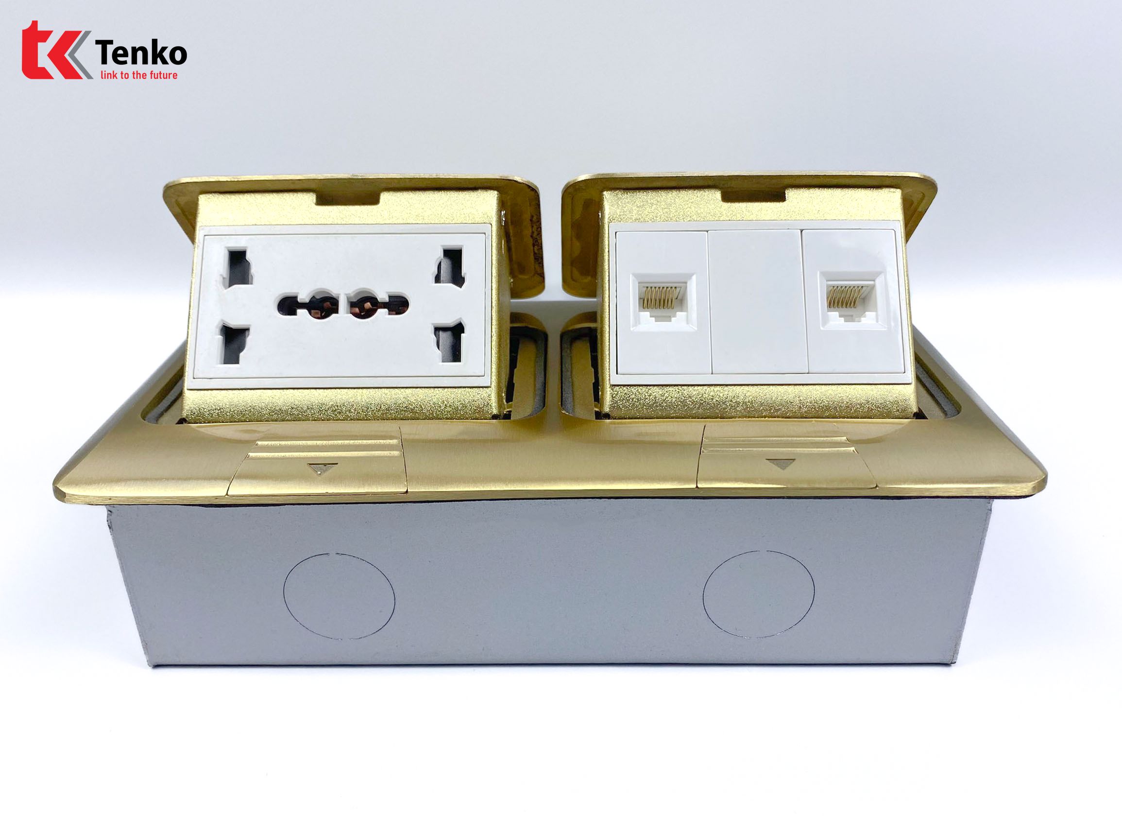 Ổ Cắm Âm Sàn TK-J04-02 Vàng Ổ Điện 3 Chấu + 2 LAN