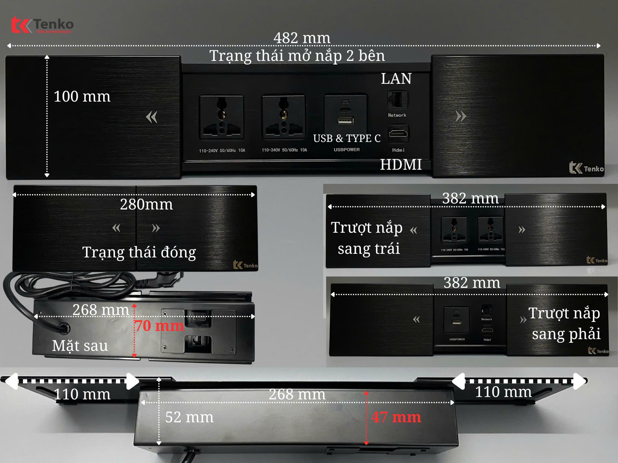 Ổ Cắm Điện Âm Bàn Tenko TK-BT06 Nắp Trượt Hai Bên