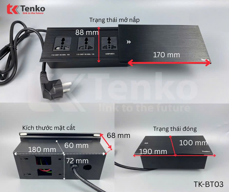 Hộp Ổ Điện Âm Bàn Tenko TK-BT03 Nắp Trượt Cao Cấp